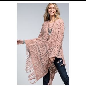 Ruggine Soft Pink Prairie Open Knit Poncho Shawl w/fringe on Cascading Hem.